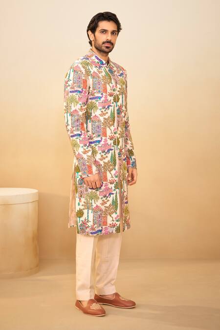 Millionaire_Beige Organza Embroidery Thread Work Sherwani And Pyjama Set _Online_at_Aza_Fashions