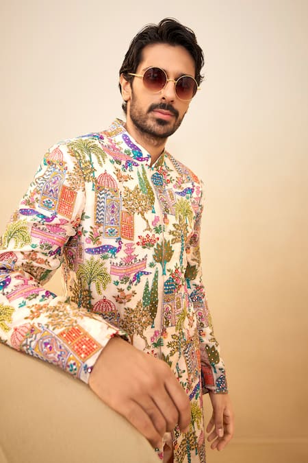 Shop_Millionaire_Beige Organza Embroidery Thread Work Sherwani And Pyjama Set _Online_at_Aza_Fashions