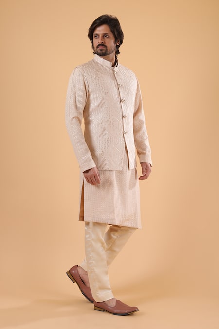 Millionaire_Beige Lucknowi Handwork Bundi Kurta Set _Online_at_Aza_Fashions