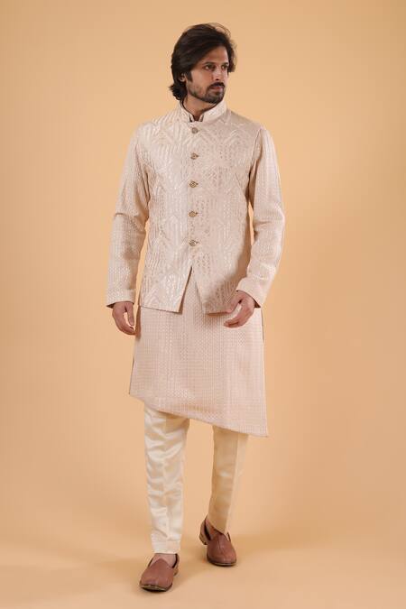 Buy_Millionaire_Beige Lucknowi Handwork Bundi Kurta Set _Online_at_Aza_Fashions