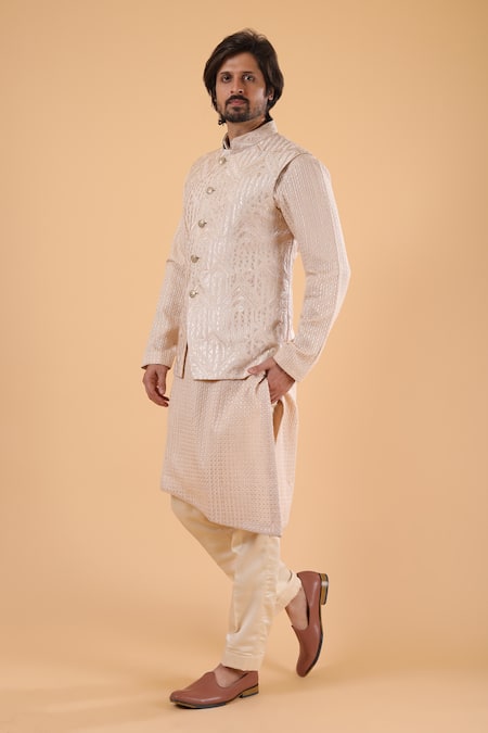 Shop_Millionaire_Beige Lucknowi Handwork Bundi Kurta Set _Online_at_Aza_Fashions