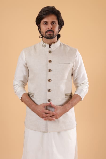 Buy_Millionaire_Off White Silk, Linen Kasab Work Bundi Kurta Set _Online_at_Aza_Fashions