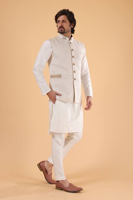 Shop_Millionaire_Off White Silk, Linen Kasab Work Bundi Kurta Set _Online_at_Aza_Fashions
