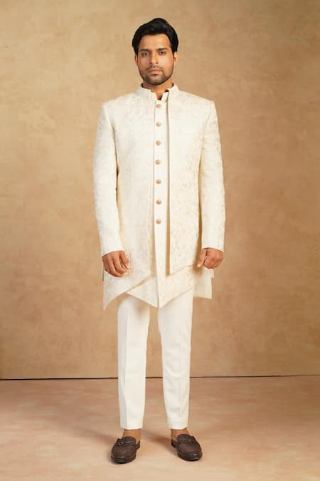 Shop_Millionaire_Beige Linen Embroidery, Studs Thread Work Sherwani Set _Online_at_Aza_Fashions