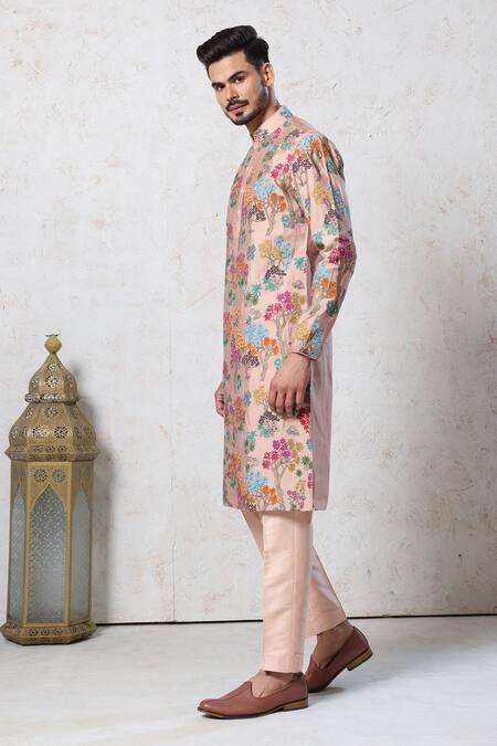 Shop_Millionaire_Beige Embroidery Floral Kurta Set _Online_at_Aza_Fashions