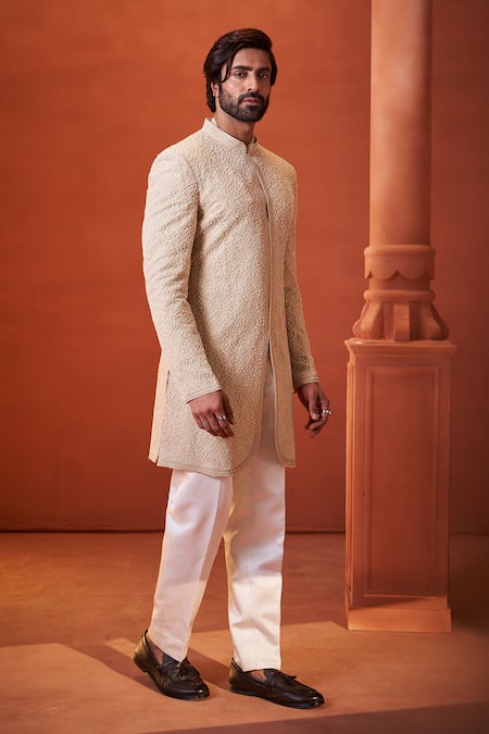 Millionaire_Beige Organza, Georgette, Silk Pearls, Embroidery Sherwani Set _Online_at_Aza_Fashions