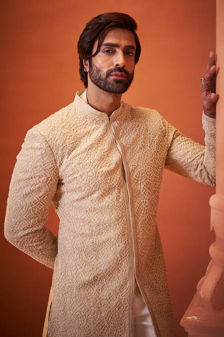 Buy_Millionaire_Beige Organza, Georgette, Silk Pearls, Embroidery Sherwani Set _Online_at_Aza_Fashions