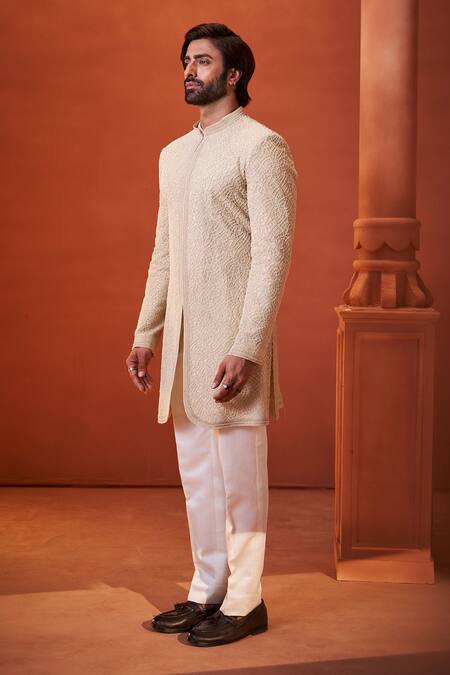 Millionaire_Beige Organza, Georgette, Silk Pearls, Embroidery Sherwani Set _at_Aza_Fashions