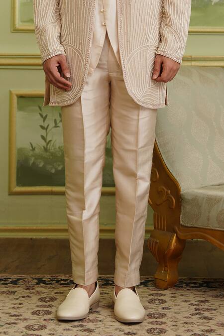 Millionaire_Beige Georgette Pearls, Beads, Sequins Cutdana Work Bandhgala Set _Online_at_Aza_Fashions