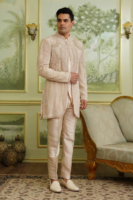 Buy_Millionaire_Beige Georgette Pearls, Beads, Sequins Cutdana Work Bandhgala Set _Online_at_Aza_Fashions