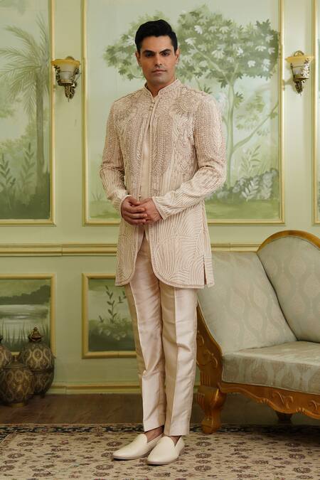 Shop_Millionaire_Beige Georgette Pearls, Beads, Sequins Cutdana Work Bandhgala Set _Online_at_Aza_Fashions