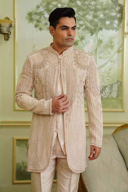 Millionaire_Beige Georgette Pearls, Beads, Sequins Cutdana Work Bandhgala Set _at_Aza_Fashions