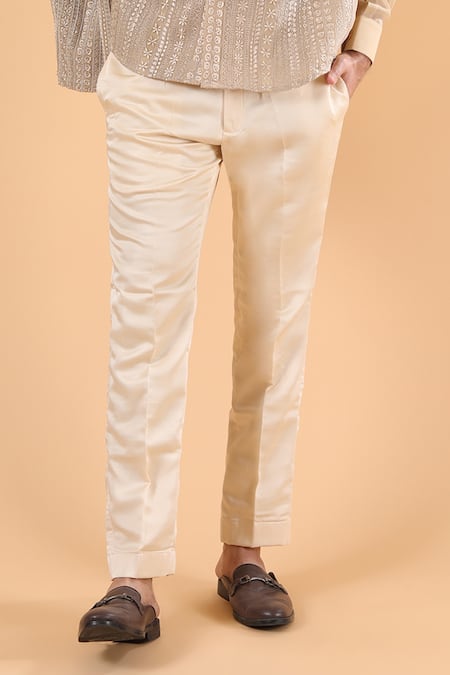 Millionaire_Beige Georgette Embroidery Thread Work Bandhgala Set _Online_at_Aza_Fashions