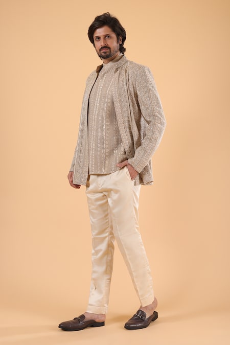 Millionaire_Beige Georgette Embroidery Thread Work Bandhgala Set _at_Aza_Fashions