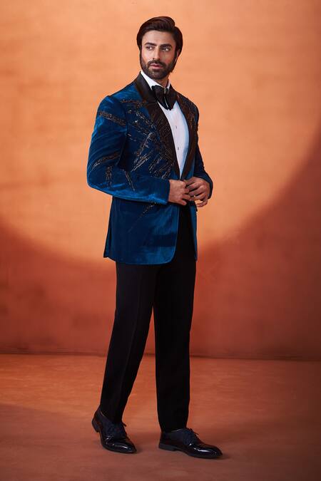 Buy Millionaire Aqua Velvet Stones, Embroidery Tuxedo Suit Set Online at Aza Fashions Buy_Millionaire_Aqua Velvet Stones, Embroidery Tuxedo Suit Set _Online_at_Aza_Fashions