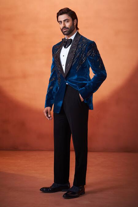 Shop Millionaire Aqua Velvet Stones, Embroidery Tuxedo Suit Set Online at Aza Fashions Shop_Millionaire_Aqua Velvet Stones, Embroidery Tuxedo Suit Set _Online_at_Aza_Fashions