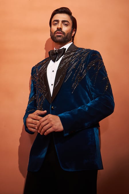 Millionaire Aqua Velvet Stones, Embroidery Tuxedo Suit Set at Aza Fashions Millionaire_Aqua Velvet Stones, Embroidery Tuxedo Suit Set _at_Aza_Fashions