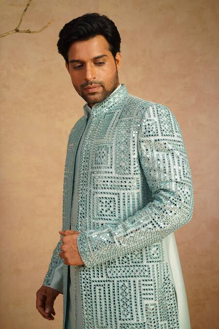 Buy_Millionaire_Blue Silk Mirrors, Embroidery, Metallic Thread And Work Sherwani Set _Online_at_Aza_Fashions