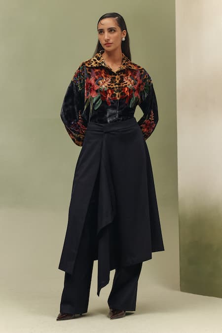 NOIB Blue Viscose, Velvet Collared Aurea Wildflower Print Shirt Online at Aza Fashions NOIB_Blue Viscose, Velvet Collared Aurea Wildflower Print Shirt _Online_at_Aza_Fashions