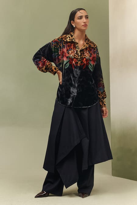 Buy NOIB Blue Viscose, Velvet Collared Aurea Wildflower Print Shirt Online at Aza Fashions Buy_NOIB_Blue Viscose, Velvet Collared Aurea Wildflower Print Shirt _Online_at_Aza_Fashions