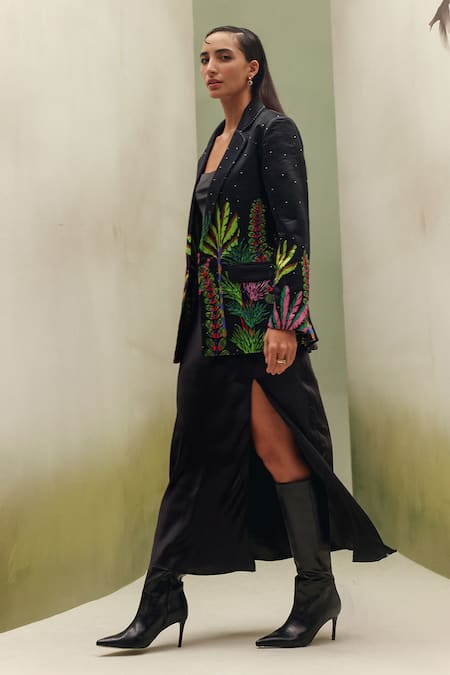 NOIB Black Satin Metallic Thread Riva Night Safari Print Blazer Online at Aza Fashions NOIB_Black Satin Metallic Thread Riva Night Safari Print Blazer _Online_at_Aza_Fashions