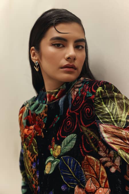 NOIB_Multi Color Viscose, Velvet High Neck Valeria Wildflower Print Jacket _at_Aza_Fashions