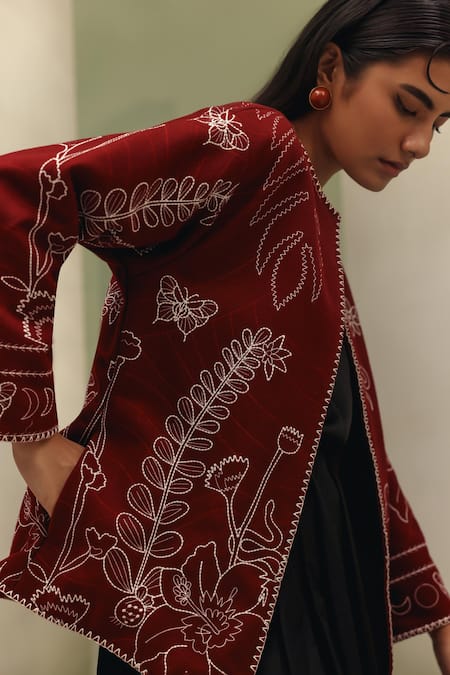 NOIB_Burgundy Wool Embroidery Round Neck Daria Jacket _Online_at_Aza_Fashions