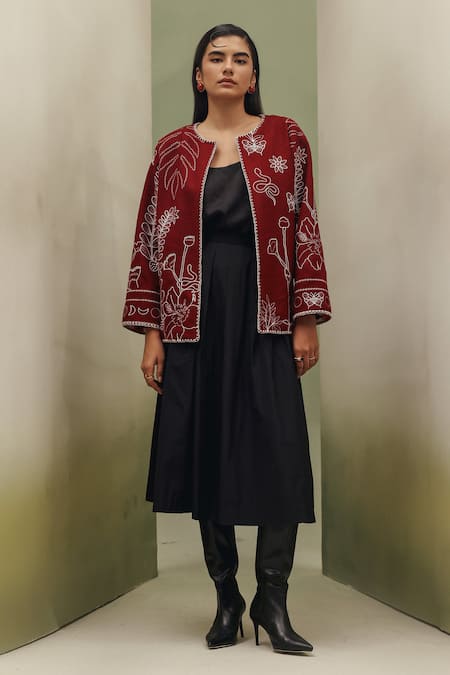 Shop_NOIB_Burgundy Wool Embroidery Round Neck Daria Jacket _Online_at_Aza_Fashions