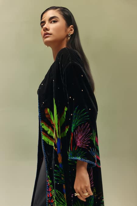 NOIB_Black Viscose, Velvet Embroidery Round Demi Night Safari Print Poncho Jacket _Online_at_Aza_Fashions