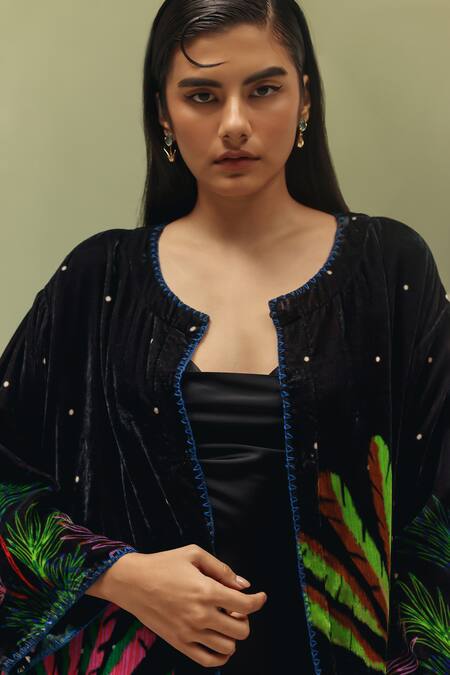 Shop_NOIB_Black Viscose, Velvet Embroidery Round Demi Night Safari Print Poncho Jacket _Online_at_Aza_Fashions
