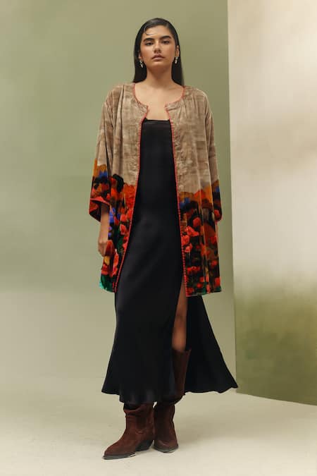 Buy NOIB Beige Viscose, Velvet Embroidery Round Neck Demi Highland Print Poncho Jacket Online at Aza Fashions Buy_NOIB_Beige Viscose, Velvet Embroidery Round Neck Demi Highland Print Poncho Jacket _Online_at_Aza_Fashions