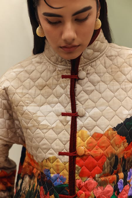 NOIB_Multi Color Cotton Satin High Neck Nico Highland Print Jacket _Online_at_Aza_Fashions