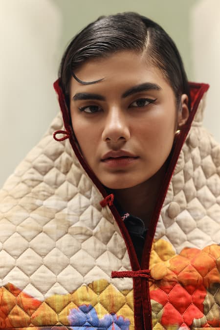 Buy_NOIB_Multi Color Cotton Satin High Neck Nico Highland Print Jacket _Online_at_Aza_Fashions