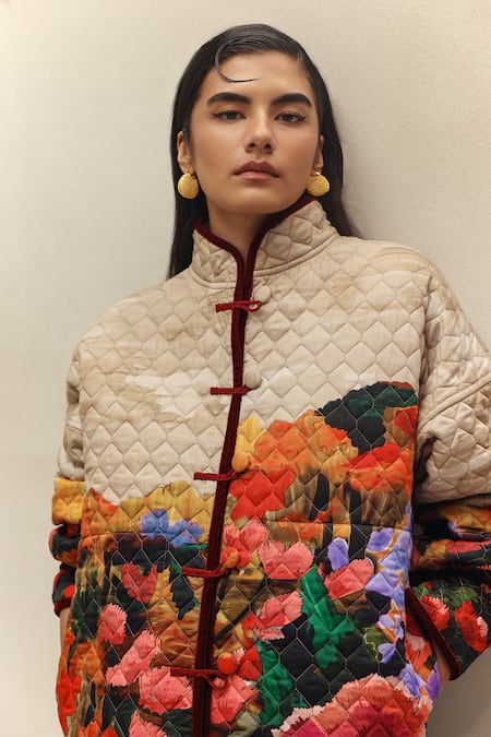 NOIB_Multi Color Cotton Satin High Neck Nico Highland Print Jacket _at_Aza_Fashions