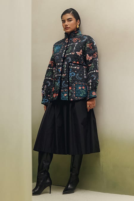 NOIB_Blue Cotton Satin High Neck Nico Garden Dancers Print Jacket _Online_at_Aza_Fashions