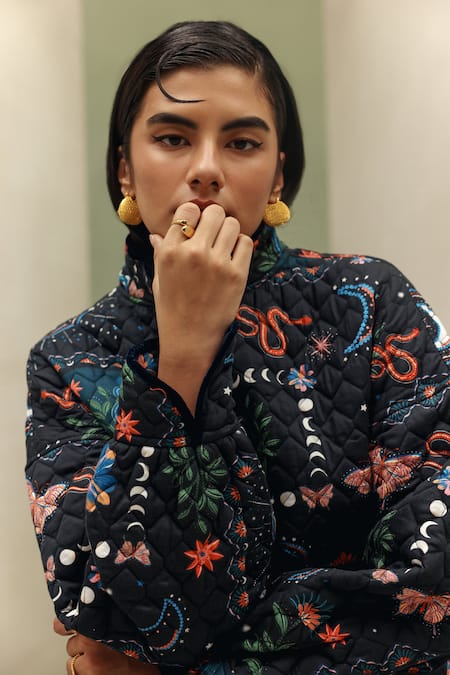 Buy_NOIB_Blue Cotton Satin High Neck Nico Garden Dancers Print Jacket _Online_at_Aza_Fashions