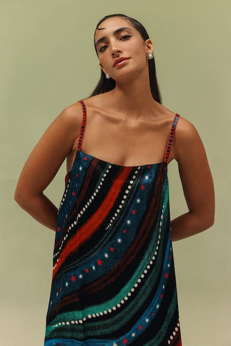 NOIB_Multi Color Modal, Satin Rhinestones Square Neck Liza Cosmix Print Dress _Online_at_Aza_Fashions
