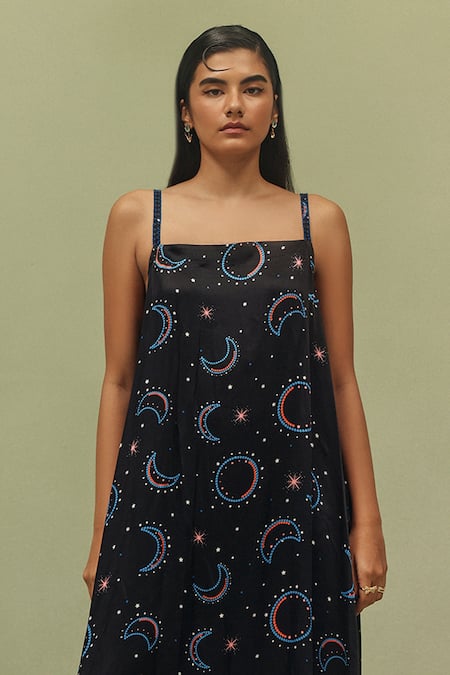 NOIB_Black Modal, Satin Rhinestones Square Neck Liza Shooting Stars Print Dress _Online_at_Aza_Fashions