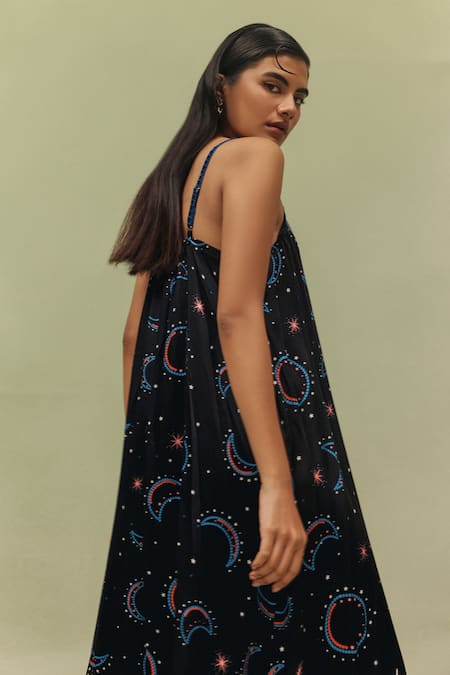 Buy_NOIB_Black Modal, Satin Rhinestones Square Neck Liza Shooting Stars Print Dress _Online_at_Aza_Fashions