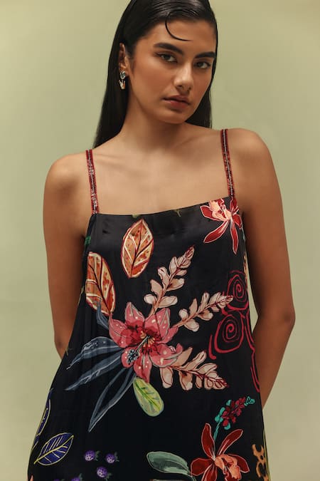 NOIB_Black Modal, Satin Rhinestones Square Neck Liza Wildflower Print Dress _Online_at_Aza_Fashions