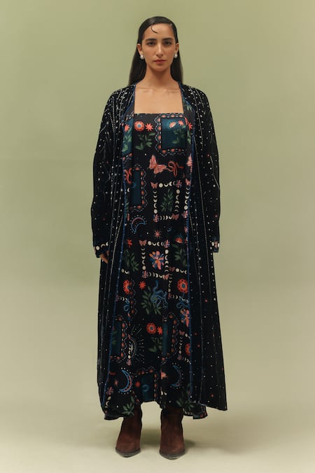NOIB_Black Viscose, Velvet Embroidery Open Demi Garden Dancers Print Poncho Jacket _Online_at_Aza_Fashions