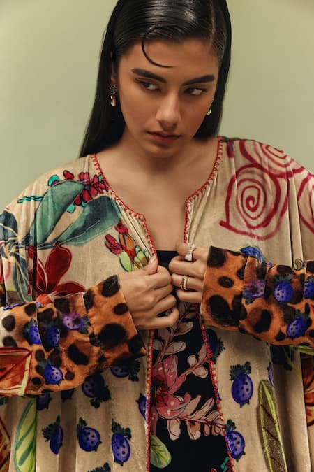 NOIB Multi Color Viscose, Velvet Embroidery Open Demi Wildflower Print Poncho Jacket Online at Aza Fashions NOIB_Multi Color Viscose, Velvet Embroidery Open Demi Wildflower Print Poncho Jacket _Online_at_Aza_Fashions