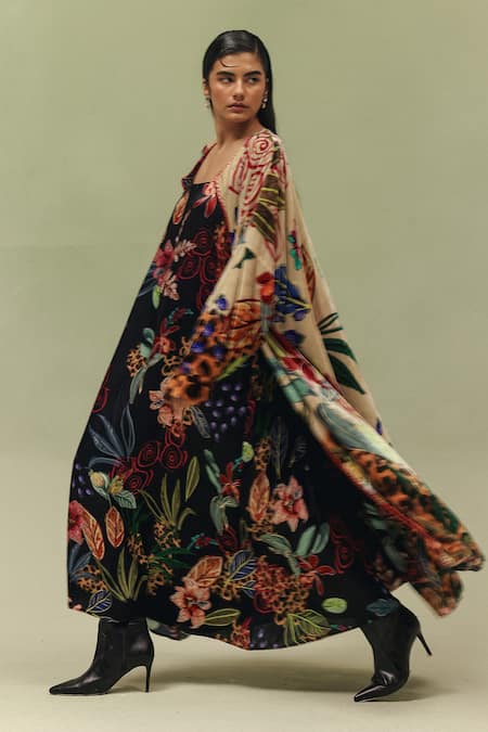 Buy NOIB Multi Color Viscose, Velvet Embroidery Open Demi Wildflower Print Poncho Jacket Online at Aza Fashions Buy_NOIB_Multi Color Viscose, Velvet Embroidery Open Demi Wildflower Print Poncho Jacket _Online_at_Aza_Fashions