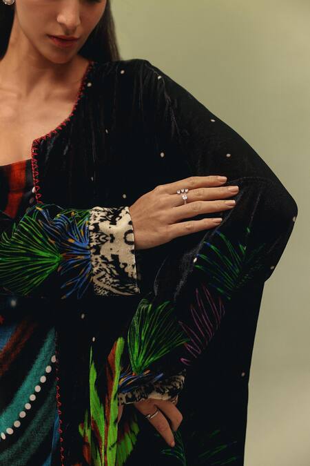 Buy_NOIB_Multi Color Viscose, Velvet Embroidery, Demi Night Safari Print Poncho Jacket _Online_at_Aza_Fashions