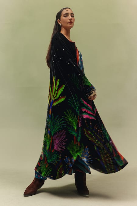 Shop_NOIB_Multi Color Viscose, Velvet Embroidery, Demi Night Safari Print Poncho Jacket _Online_at_Aza_Fashions