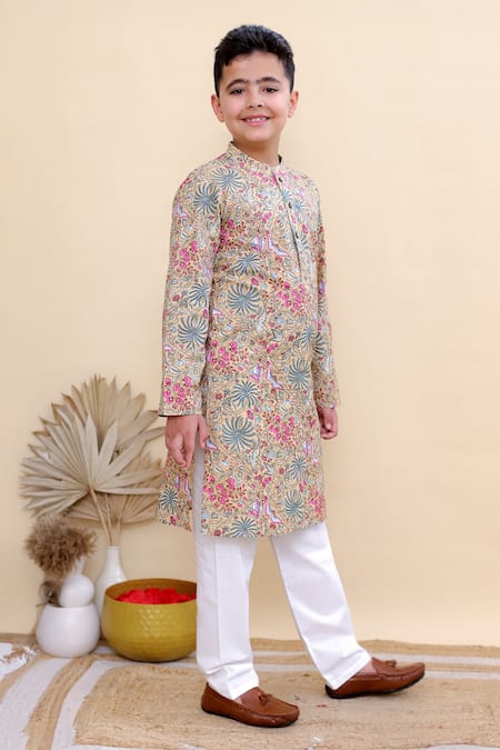 Buy_Kalp_Beige Cotton Meadow Bloom Print Kurta Set _Online_at_Aza_Fashions