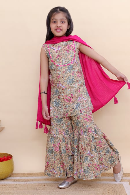 Kalp_Beige Cotton Tassels Rose Garden Print Kurta Sharara Set _Online_at_Aza_Fashions