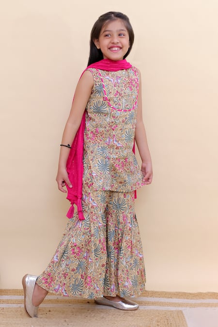 Shop_Kalp_Beige Cotton Tassels Rose Garden Print Kurta Sharara Set _Online_at_Aza_Fashions