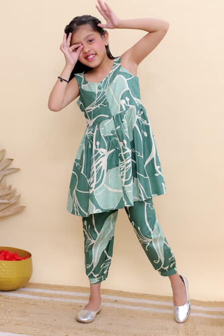 Buy_Kalp_Green Cotton Palm Leaf Print Peplum Kurta And Pant Set 