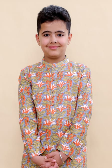 Shop_Kalp_Multi Color Cotton Lotus Pond Print Kurta Set _Online_at_Aza_Fashions